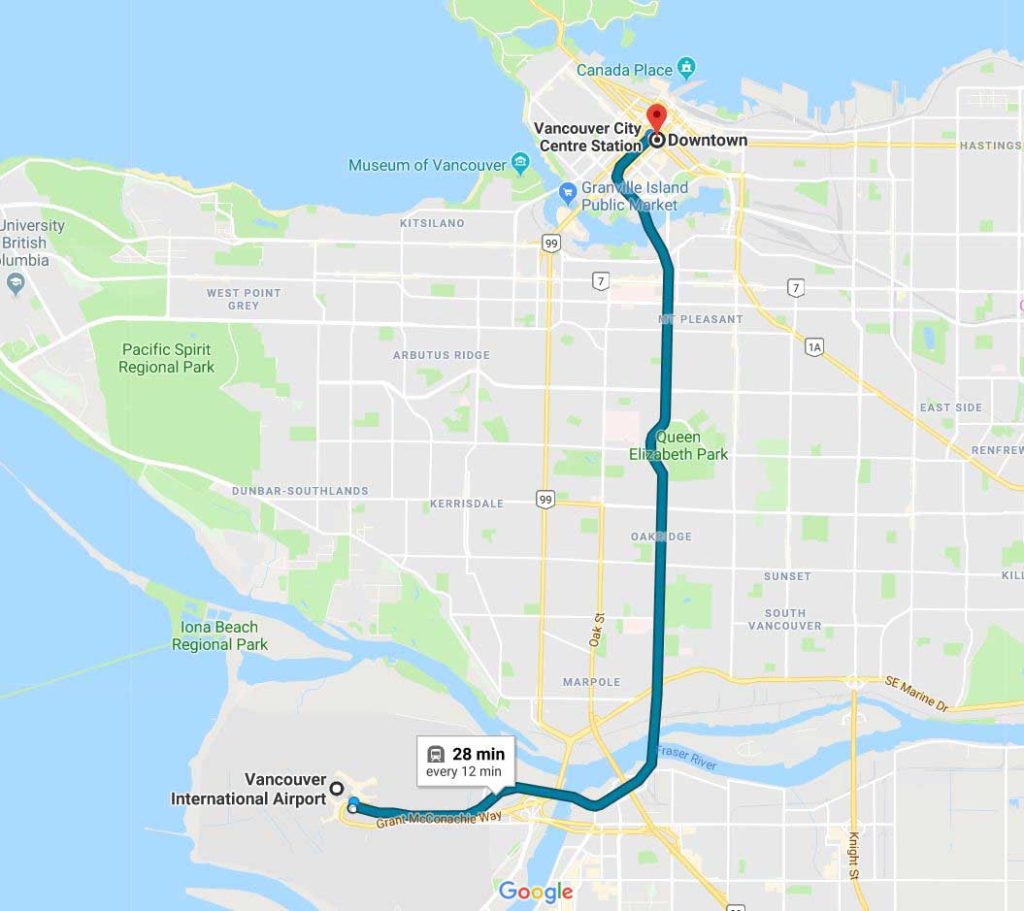 Google Maps Vancouver Airport to Downtown