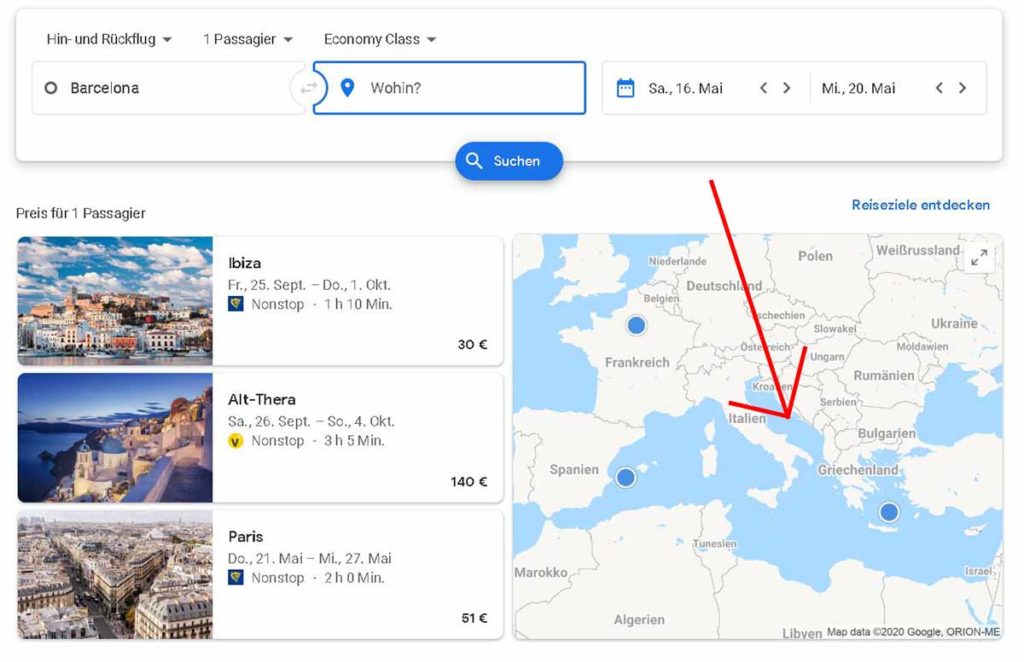 Google Flights auf Karte klicken